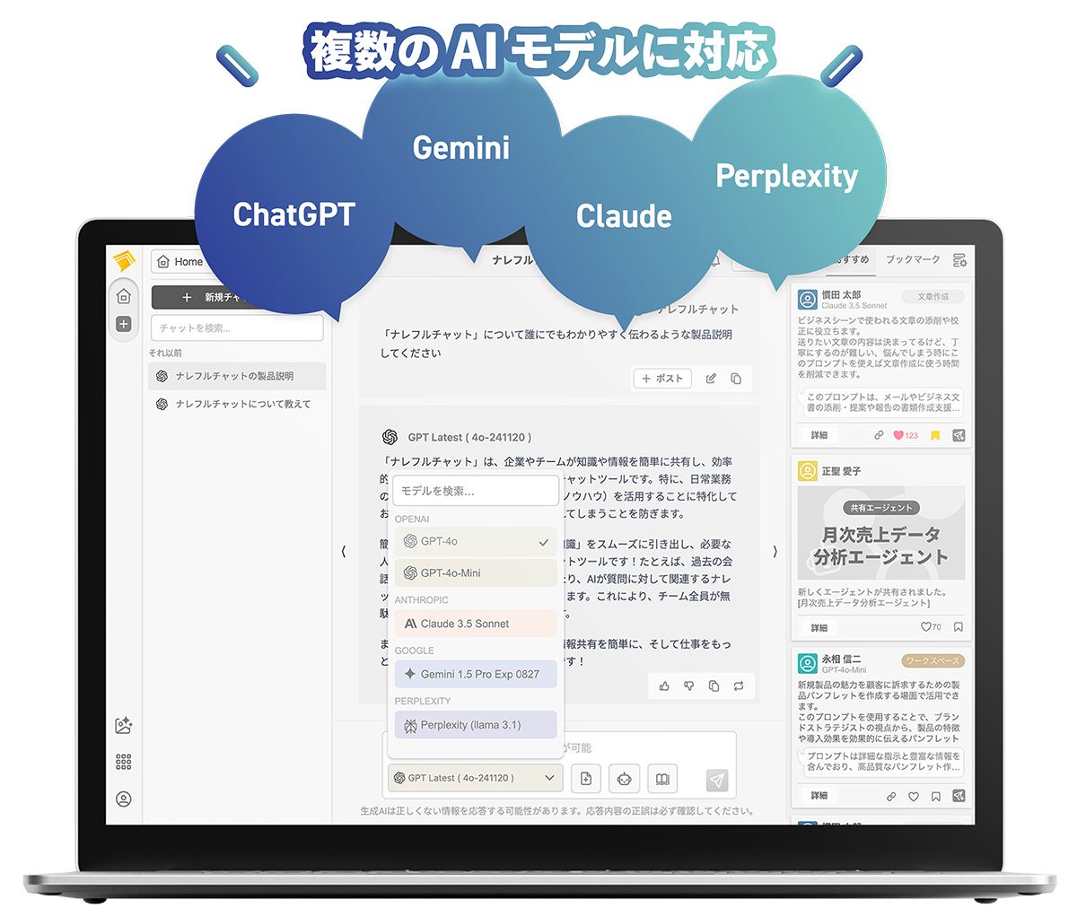 ChatGPT、Gemini、Claude、Perplexityなど複数AIモデルに対応