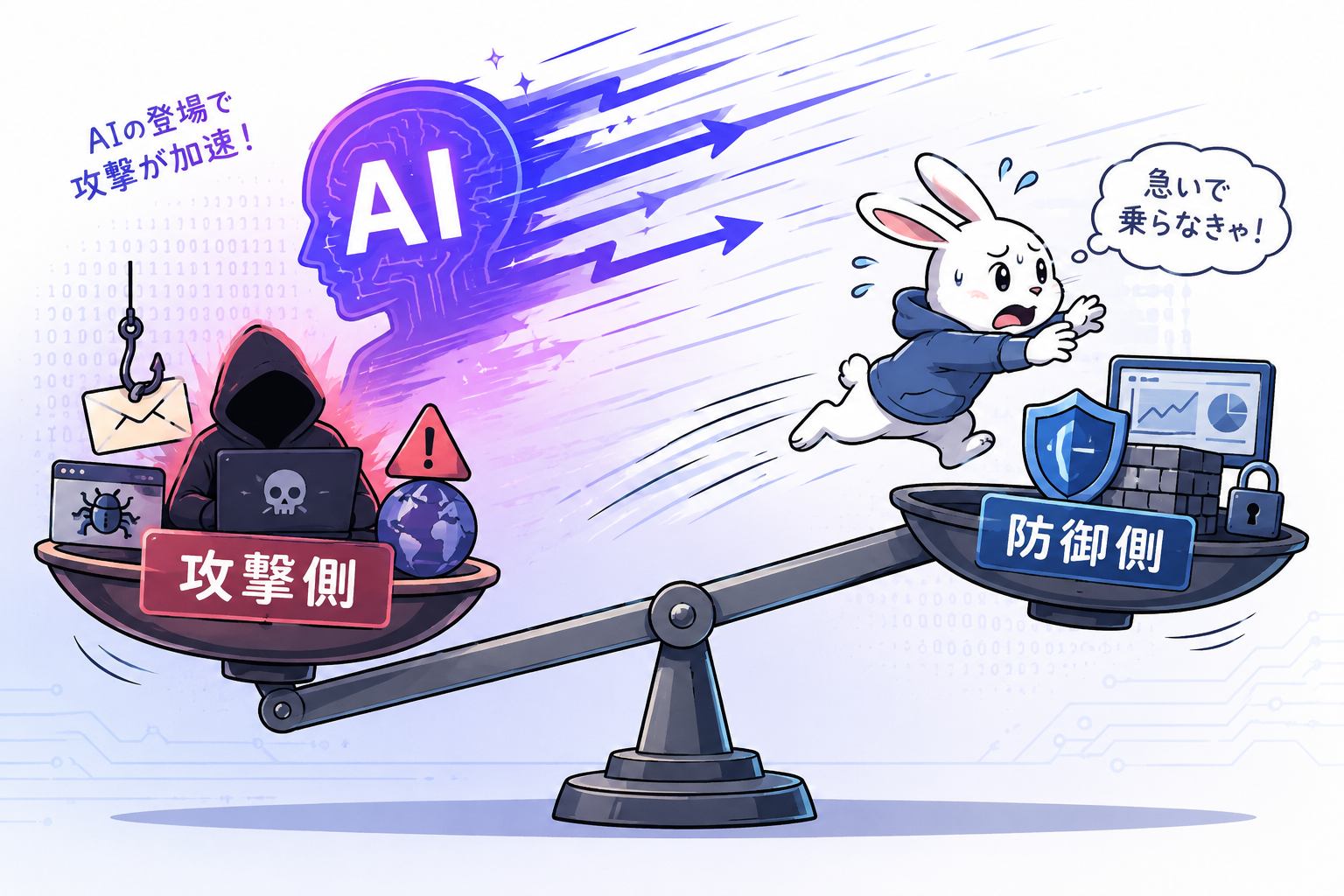 攻撃側と防御側を乗せた天秤がAIの登場で攻撃側に傾きかける様子