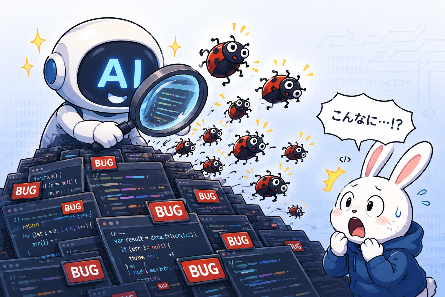 虫めがねを持ったAIがコードの山から大量の脆弱性を見つけ出す様子