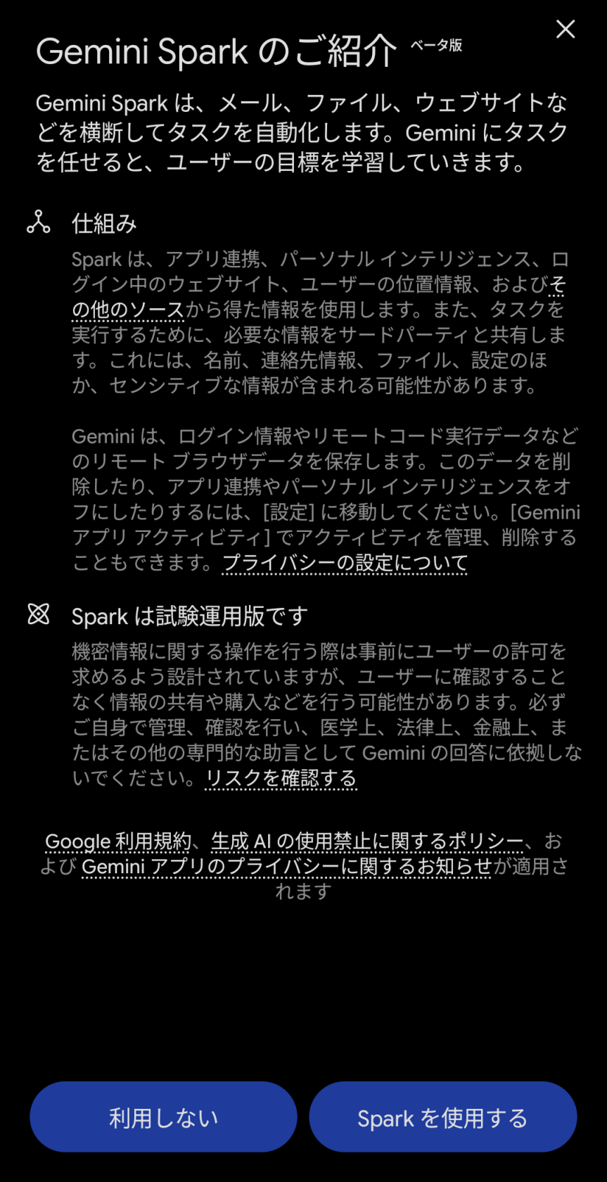 Gemini Sparkのオンボーディング画面に表示される注意書き