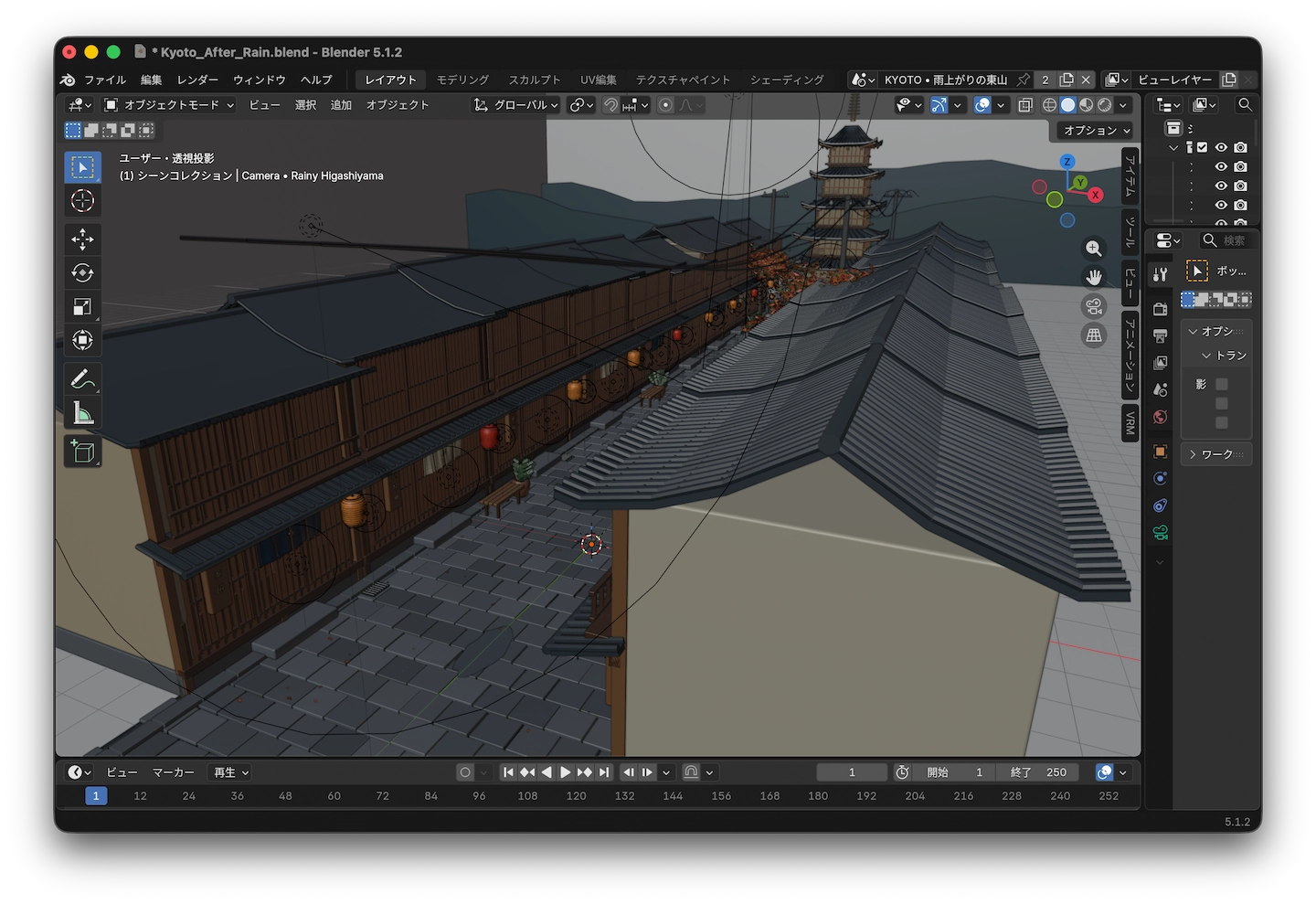 Blenderで開いた京都・東山の3Dシーン編集画面