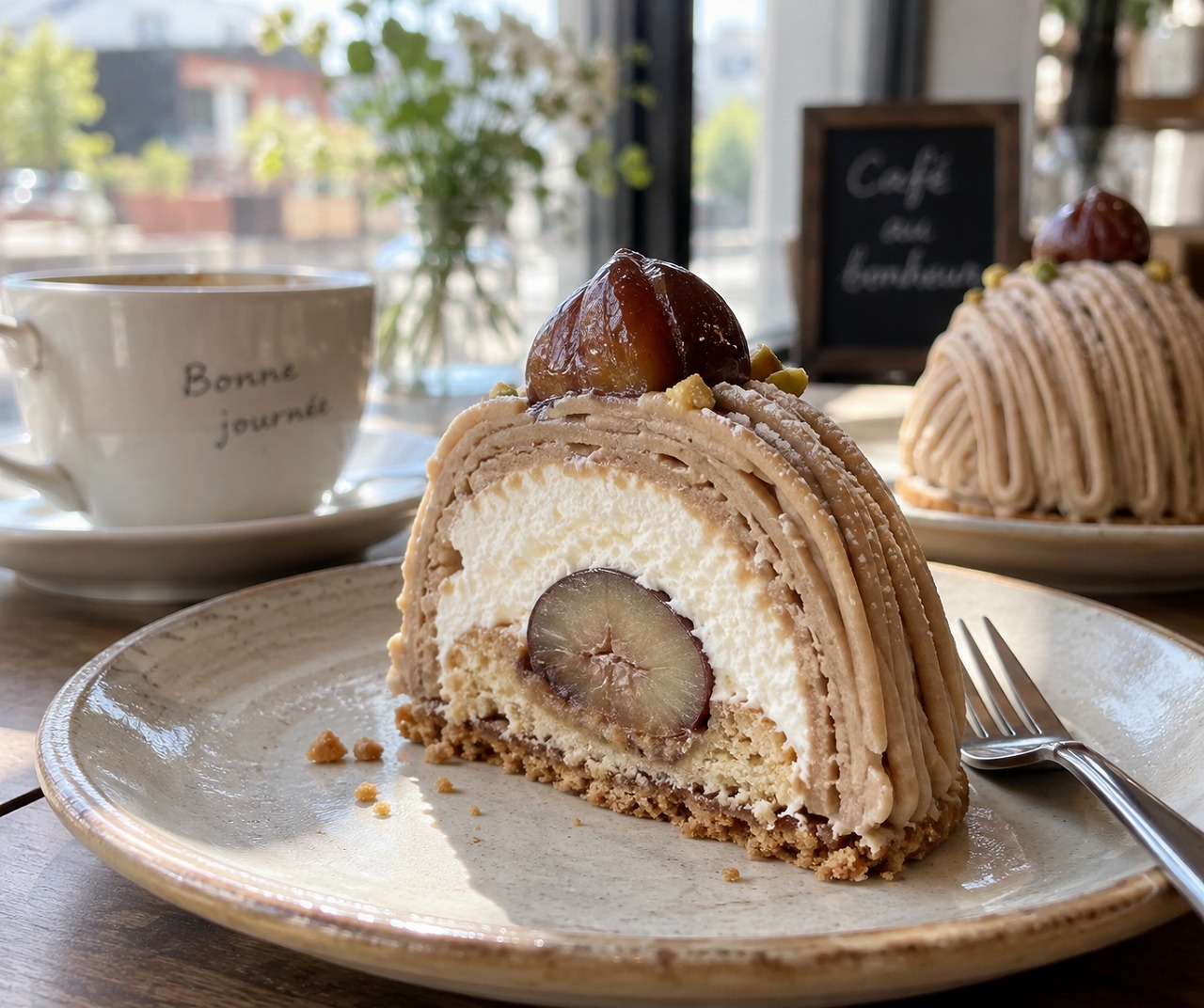 栗のモンブラン、断面カットとカフェの窓際