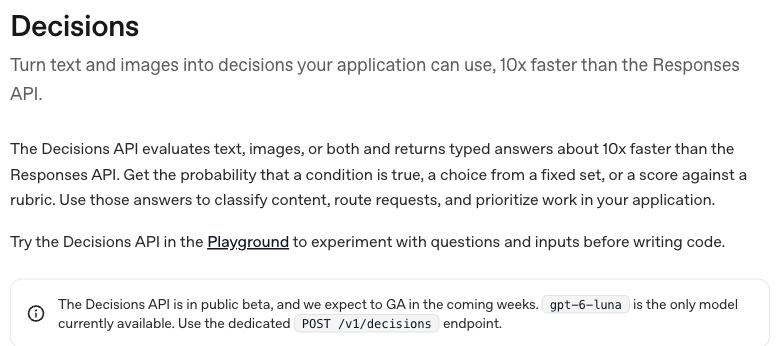 OpenAI公式ガイドDecisionsページの冒頭 パブリックベータであることが記載されている